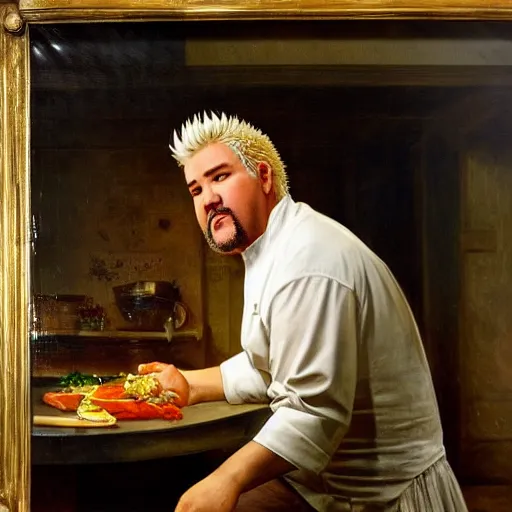 Image similar to Guy Fieri in a modern restaurant kitchen, painting by Pierre Auguste Cot, dramatic lighting, at night