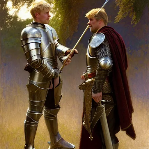 Image similar to attractive arthur pendragon and his attractive male knight, they are in love, natural lighting, path traced, highly detailed, high quality, digital painting, by gaston bussiere, craig mullins, alphonse mucha j. c. leyendecker