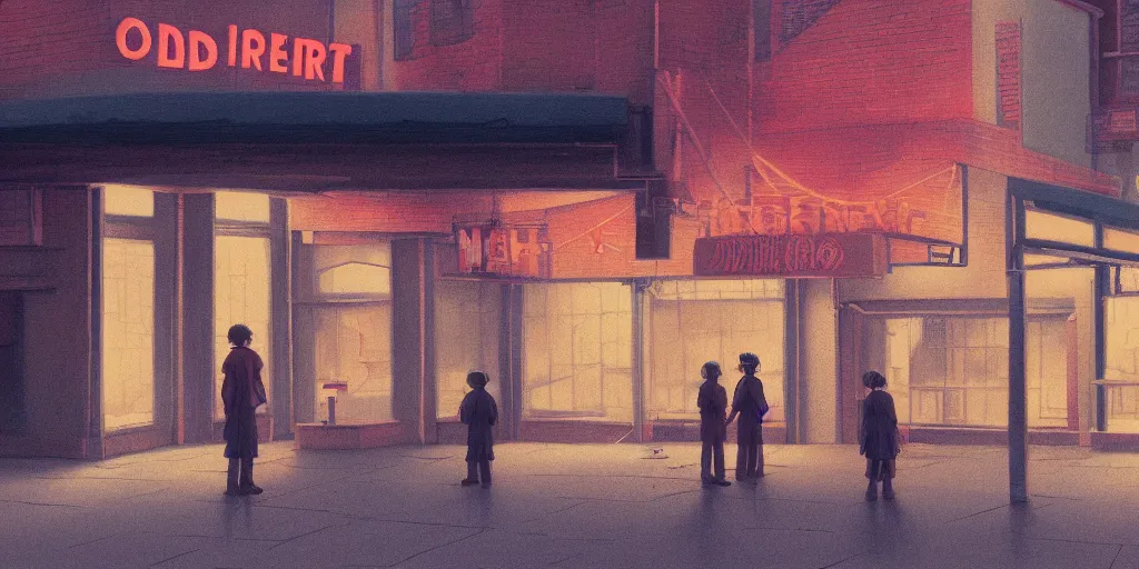 Image similar to loitering outside the old cinema, evening, hayao miyazaki, artstation