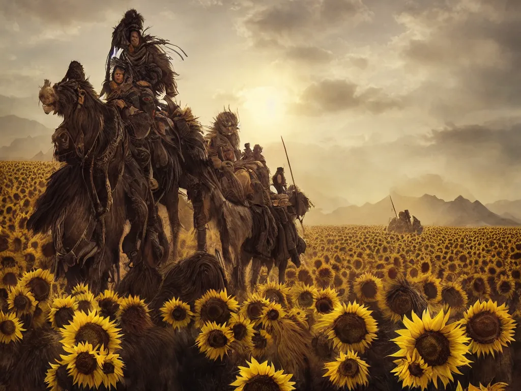 Image similar to a fancy portrait of the mighty sunflower people, a powerful nomadic mongolian tribe of giant humans that follows the sun in a vast barren valley where helianthus grow, by Greg Rutkowski, Sung Choi, Mitchell Mohrhauser, Maciej Kuciara, Johnson Ting, Maxim Verehin, Peter Konig, Bloodborne, macro lens, 35mm, 8k photorealistic, cinematic lighting, HD, high details, atmospheric