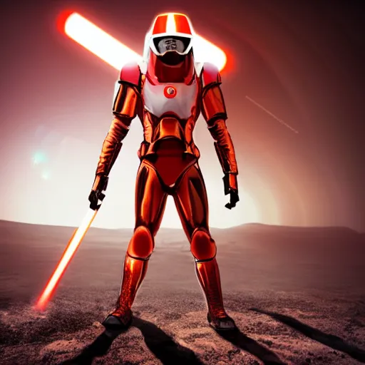 Prompt: tall muscular infantry man in glossy sleek white armor with tiny red details and a long red cape, orange helmet visir, heroic posture brandishing laser rifle, on the surface of mars, night time, dramatic lighting, cinematic, sci-fi, hyperrealistic, movie still