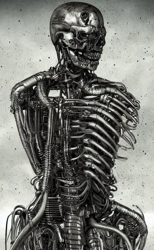 Image similar to full body portrait of terminator by wayne barlow, stanley donwood, anton semenov, zdzislaw bekinski, hr giger, 8 k, fantasy, dark, highly detailed