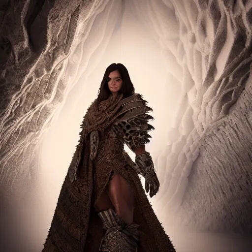 Image similar to a regal brown woman wearing an intricate and detailed armor made of ice. ice caves. glaciers. dramatic shadows. reflections. volumetric lighting. textures. delicate. translucent. studio portrait. photorealistic. octane render