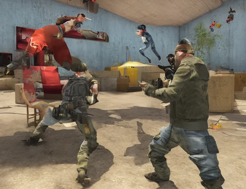 Image similar to CS:GO screenshot of walter white and jesse pinkman in a circus, HD, trending on tumblr, full screen, zoomed in, first person HUD included