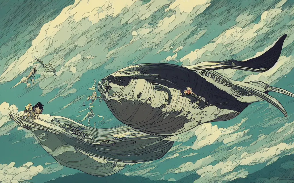 Image similar to very detailed, prophet graphic novel, ilya kuvshinov, mcbess, rutkowski, simon roy, illustration of a biomechanical flying whale, colorful, cinematic composition, studio lighting