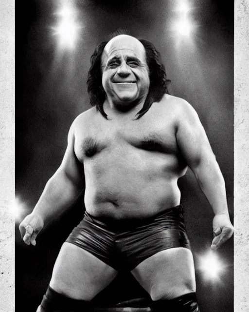 Image similar to portrait of danny devito as a wwe professional wrestler. photographic, photography