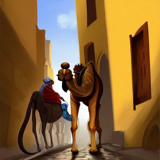 Prompt: A painting of a mouse Riding a camel through a narrow street in london, highly detailed, digital painting, Artstation, smooth