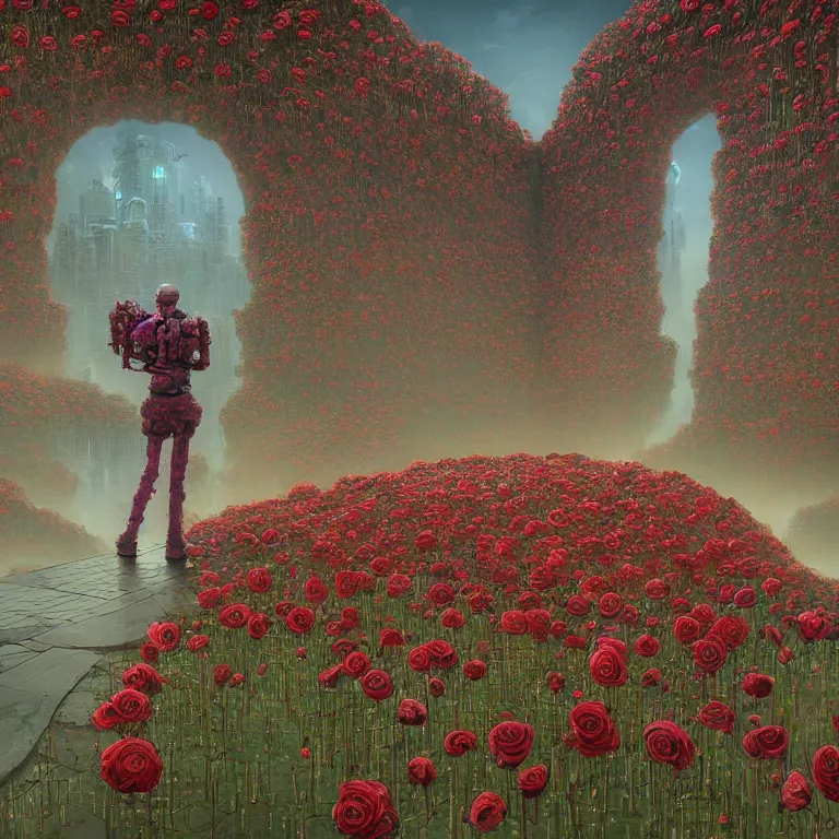 Prompt: A person standing in front of a, portal made of roses, cyberpunk, epic surrealism, Detailed digital matte painting in the style of simon stalenhag and Bev dolittle Zdzislaw Beksinski, Greg Hildebrandt artstation