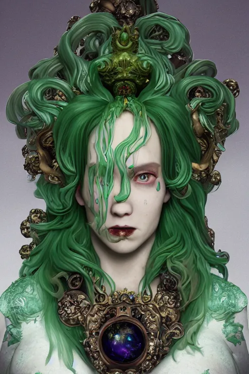 Image similar to rococo upper body portrait sigil with the intent of conquering the world lovecraftian undead zombie queen, green hair, by tian zi and wlop and alphonse mucha ornaments and gems hdr 8 k 3 d dslr hdr trending on artstation rendered with cryengine