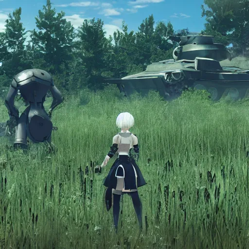 Image similar to a screenshot from nier : automata, with 9 s android fighting a t 3 4 tank in yellow rye field under pure blue skies