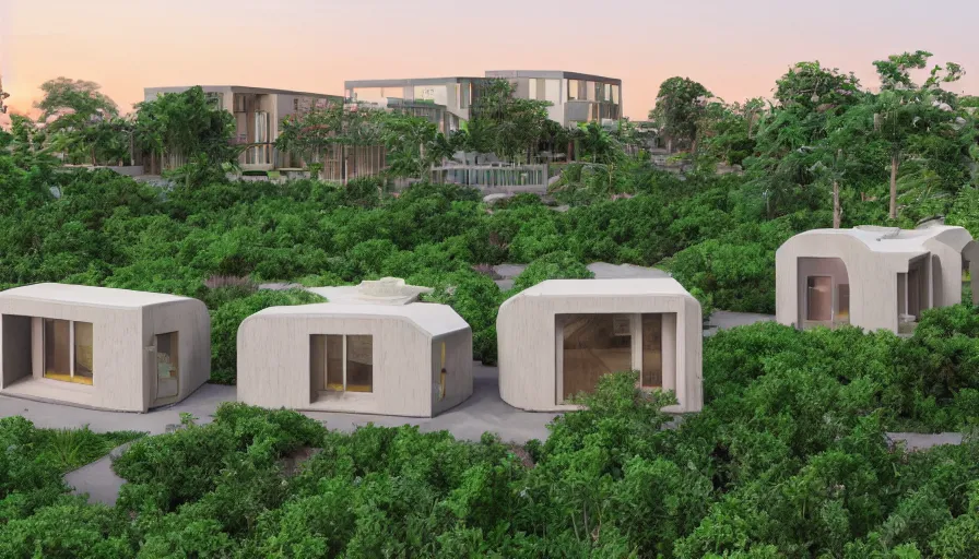 Image similar to An architectural rending of an eco-community neighborhood of innovative contemporary 3D printed sea ranch style cabins with rounded corners and angles, beveled edges, made of cement and concrete, organic architecture, in a lush green eco community with side walks, parks and public space , Designed by Gucci and Wes Anderson, golden hour