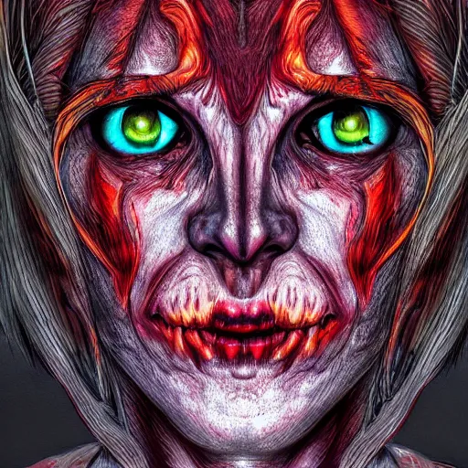 Image similar to photorealistic devil woman in the style of junji ito and michael whelan. hyperdetailed photorealism, 1 0 8 megapixels, amazing depth, high resolution, 3 d shading, 3 d finalrender, 3 d cinematic lighting, glowing rich colors, psychedelic overtones, artstation concept art.