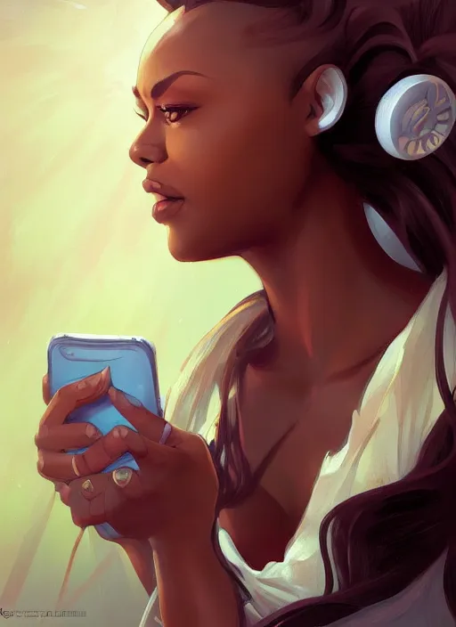 Image similar to detailed digital painting of beautiful black woman ceo, juggling cells phone manilla folders coffee fanart behance digital painting artstation, concept art, matte, sharp focus, illustration, corporate office atmosphere, hearthstone, art by artgerm and greg rutkowski and alphonse mucha