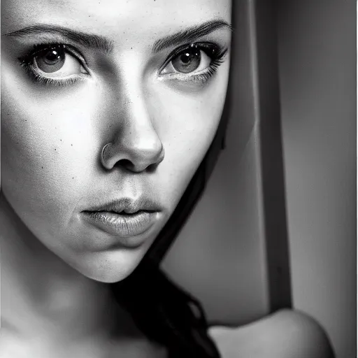 Prompt: a cyborg looking like scarlett johansson, sensual, beautiful soft light failling on her face, studio photography, nikon 3 5 mm portrait photography, ultra realistic