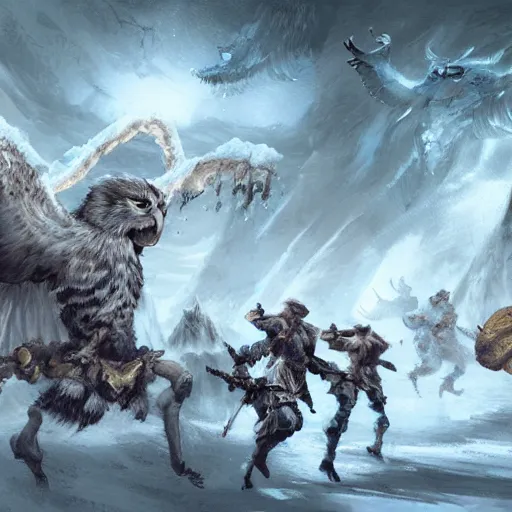 Prompt: a group of heroes fighting a huge terrifying white owl in a snowy landscape, fantasy concept art, intricate detail