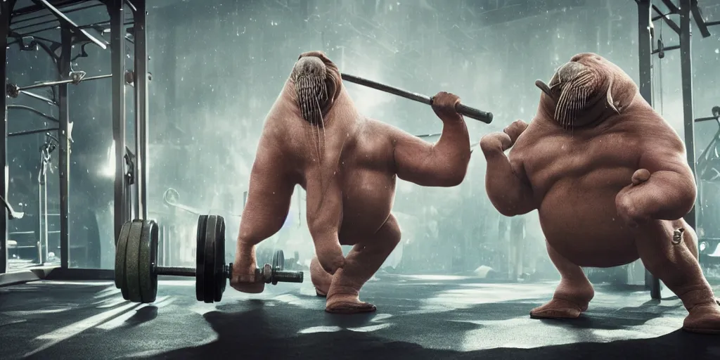 Prompt: walrus lifting weights in the gym, realistic 4 k octane beautifully detailed render, 4 k post - processing, highly detailed, intricate complexity, epic composition, magical atmosphere, cinematic lighting, masterpiece, ultra hd