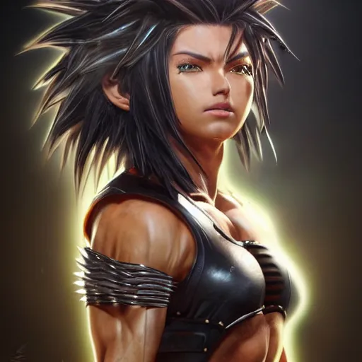 Image similar to warrior girl, muscular girl, wild spiky black saiyan hair, long spiky hair, electrified hair, scimitar, ultra realistic, intricate details, highly detailed, subsurface scattering, photorealistic, octane render, 8 k, art by artgerm, greg rutkowski, magali villeneuve, alphonse mucha