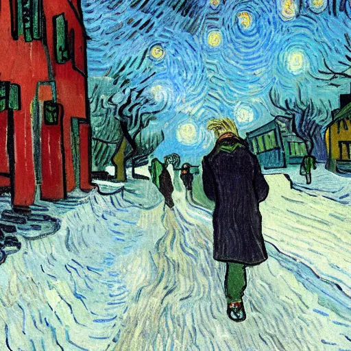 Prompt: a boy with colored dread hair walking in snow, 6 : 3 0 am, painted by van gogh