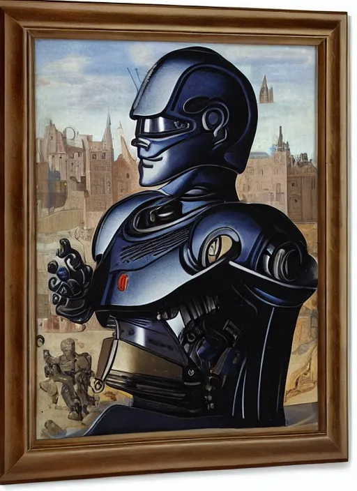 Image similar to a portrait of Robocop by Jan van Eyck