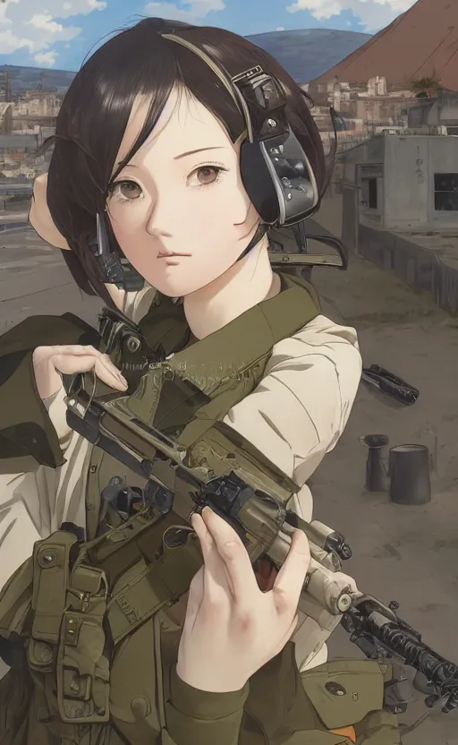 Prompt: portrait of a female soldier, highly detailed, high resolution, military camp in the background, full color manga visual style, illustration, stunning, girls frontline style, bokeh soft, matte, 100mm, trending artwork, by professional photographer, hayao miyazaki, ilya kuvshinov, alphonse mucha, studio mappa, realistic human anatomy, realistic military carrier, modern warfare, realistic weapon, shot with a arriflex 35 ii, low saturation, small eyes