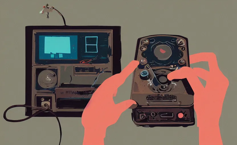 Image similar to person holding an old broken hand radio with dials, james gilleard, print, game art