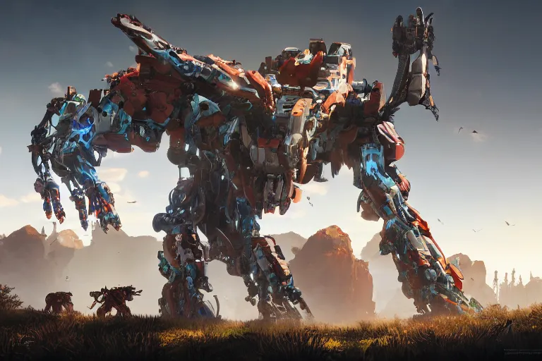 Image similar to sawtooth machine mecha animal beast robot of horizon forbidden west horizon zero dawn bioluminiscence global illumination ray tracing hdr fanart arstation by sung choi and eric pfeiffer and gabriel garza and casper konefal