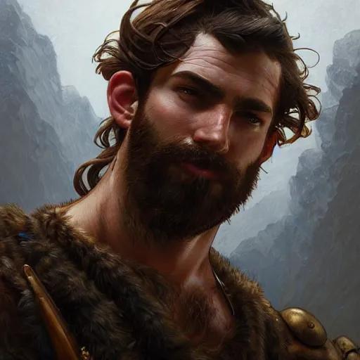 Image similar to portrait of a young rugged ranger, muscular, bust, hairy chest, D&D, fantasy, intricate, cinematic lighting, highly detailed, digital painting, artstation, concept art, smooth, sharp focus, illustration, art by Artgerm and Greg Rutkowski and Alphonse Mucha