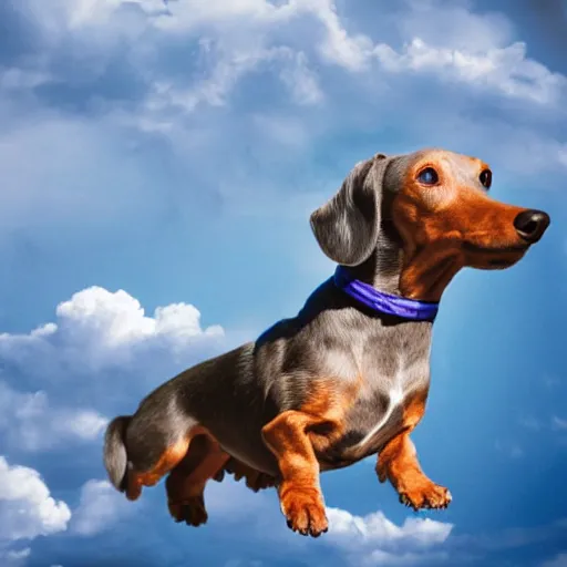 Prompt: stock photo of an elderly, light gray wire-haired dachshund floating in heaven, blue sky, white clouds