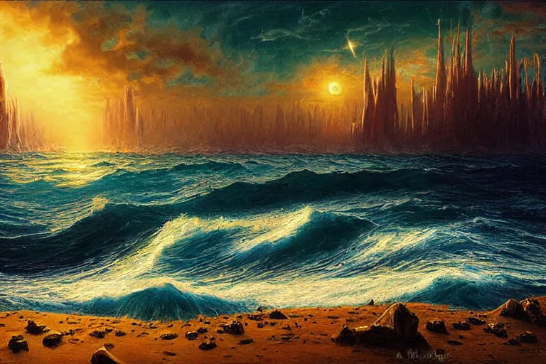 Image similar to miskatonic university big bang seascape in the style of dr. seuss,'interstellar directed by christopher nolan ', painting by albert bierstadt