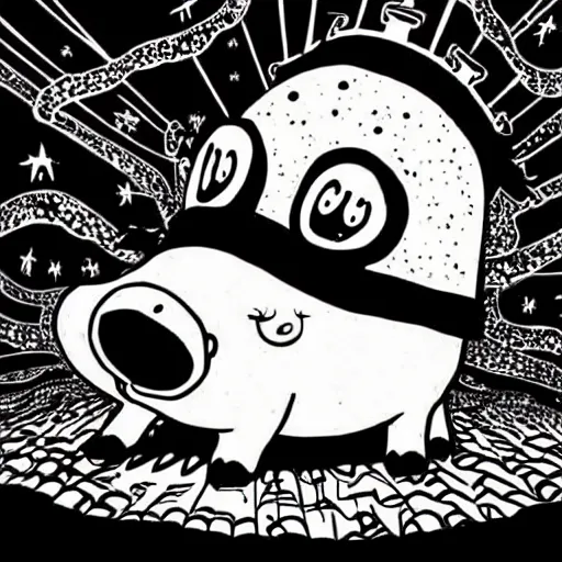 Image similar to black and white trippy comic art of a pig wearing a gold crown abducted by ufo, lots of particles, drawn by Martin Rowson, Tim Burton, Studio Ghibli, Alex Pardee, Nekro Petros Afshar, James McDermott, cgsociety 4K