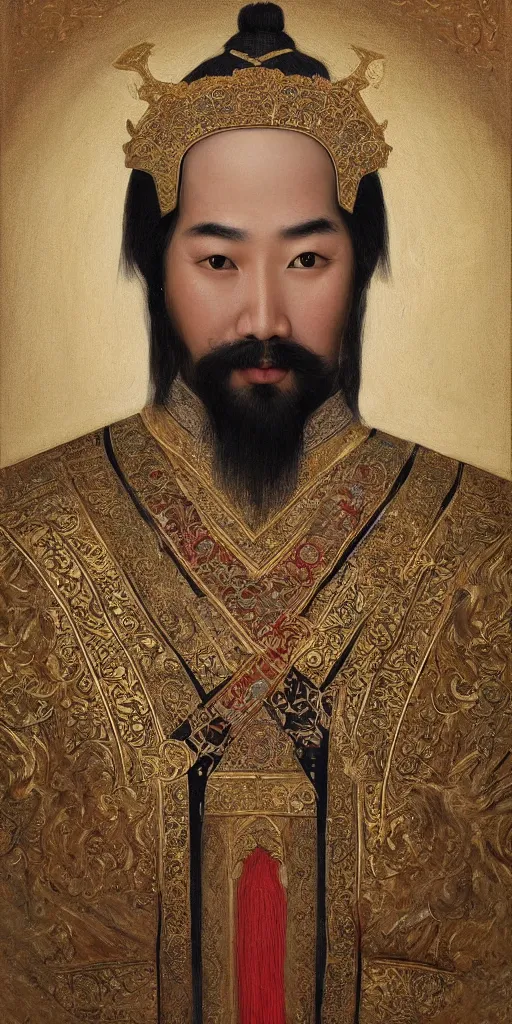 Prompt: a stunning and noble highly detailed romantic period style portrait of Kublai Khan by Josep Tapiró Baró, trending on artstation, oil painting masterpiece, ((symmetry)), ((((fractals))), Chinese & Mongolian iconography