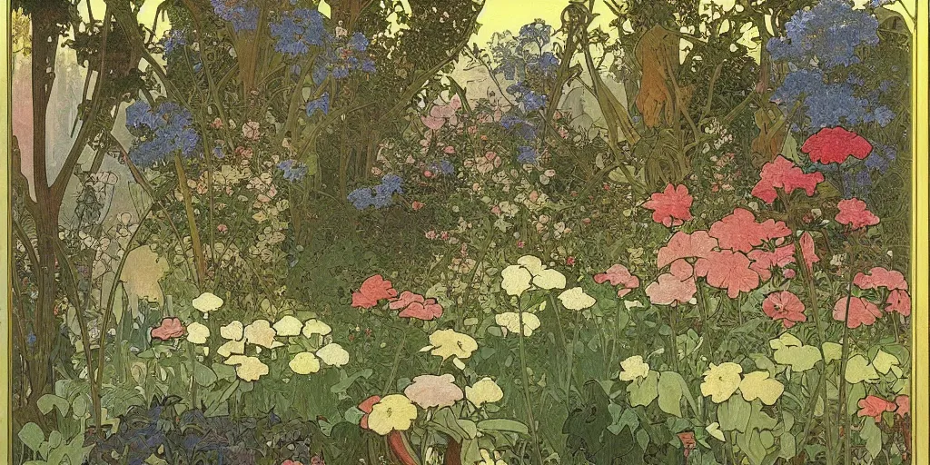 Image similar to a painting of a beautiful garden, isometric view, painted by alphonse mucha and hieronymus bosch and hasui kawase, dramatic lighting, vivid colours.