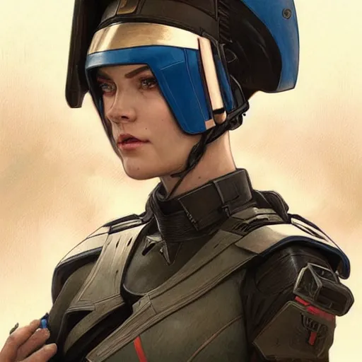 Image similar to woman dressed in scifi military uniform and armor with black hair and blue eyes, elegant, digital illustration, detailed, intricate, sharp focus, digital painting, deep focus, digital painting, artstation, concept art, matte, art by artgerm and greg rutkowski and alphonse mucha