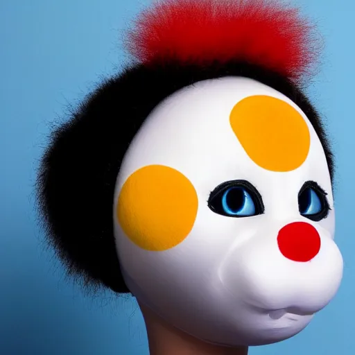 Prompt: photo of a cute floating cat head puffball clown