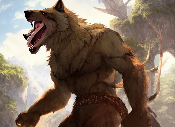 Prompt: burly character portrait feature of the anthro male anthropomorphic wolf fursona animal person wearing tribal primitive caveman outfit belt standing in the entrance to the cave, center framed character design stylized by charlie bowater, ross tran, artgerm, makoto shinkai, detailed, soft lighting, rendered in octane