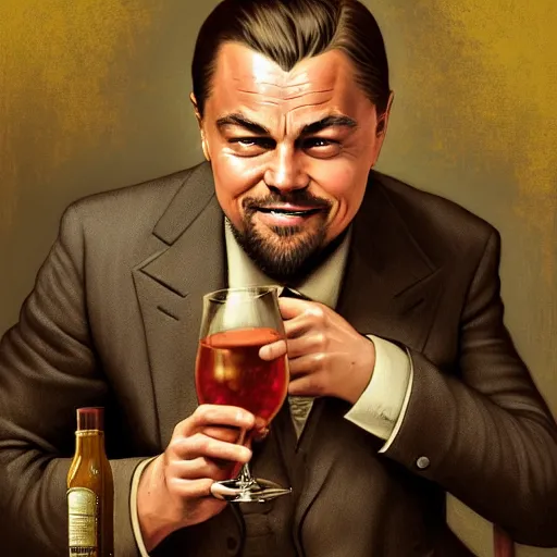 Prompt: leonardo dicaprio from django laughing and holding a sherry, highly detailed, intricate, digital painting, artstation, sharp focus, illustration, art by jakub rozalski, greg rutkowski, artgerm, tan zi and ayanamikodon and alphonse mucha and wlop