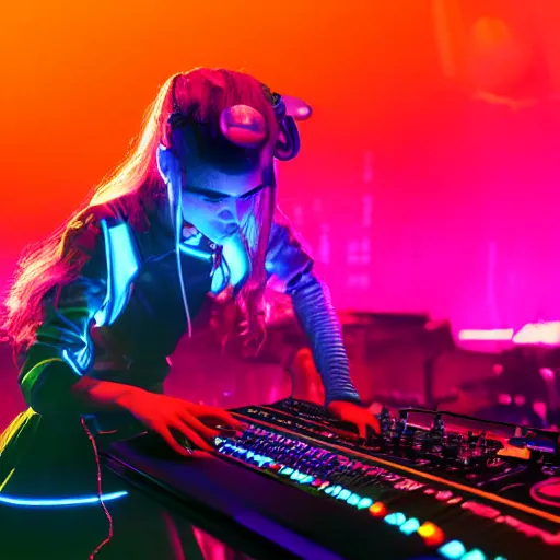 Image similar to Grimes DJing onstage playing with a synthesizer, neon, lambent lighting with vivid and radiant colors, 35mm photography, volumetric lighting, trending on artstation, artstationHD, artstationHQ, 4k, 8k.