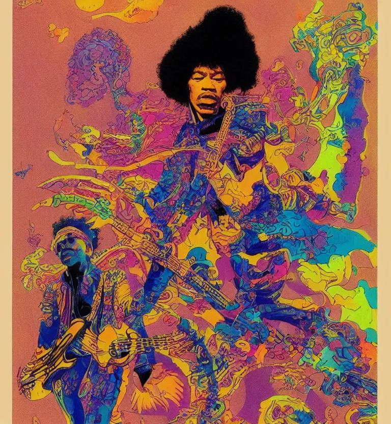 Image similar to jimi hendrix full body, colourful afrofuturist biomorphic scifi opart in background by moebius and roger dean, 8 k