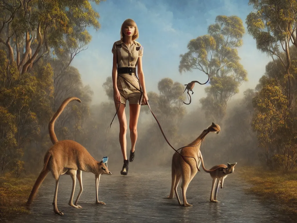 Image similar to taylor swift walking a kangaroo in the style of michael cheval, 4 k, hyper detailed, trending on artstation, photorealistic, volumetric lighting, octane render,