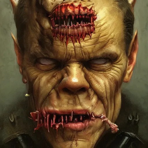 Image similar to dmitry medvedev, is evil gremlin, дмитрии медведев rotten teeth, horror, macabre by donato giancola and greg rutkowski and wayne barlow and zdzisław beksinski, realistic face, digital art