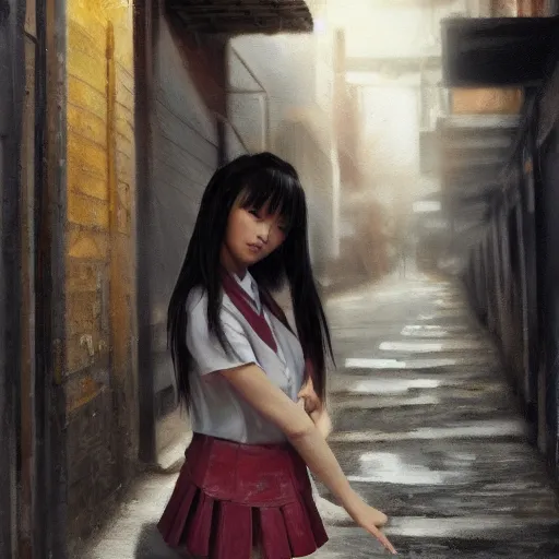 Image similar to a perfect, realistic professional oil painting of a Japanese schoolgirl posing in a dystopian alleyway, close-up, by a professional American senior artist on ArtStation, a high-quality hollywood-style concept