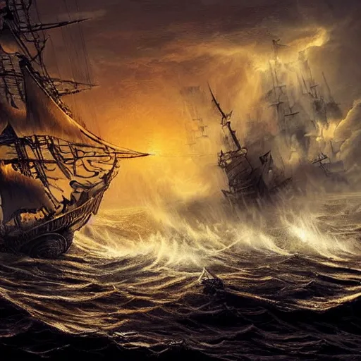 Image similar to ghostly pirate ship sailing on a raging sea, concept art, highly detailed, ultra realistic, intricate, dark colour, tense atmosphere, night sky, shining sea, wrecked ship