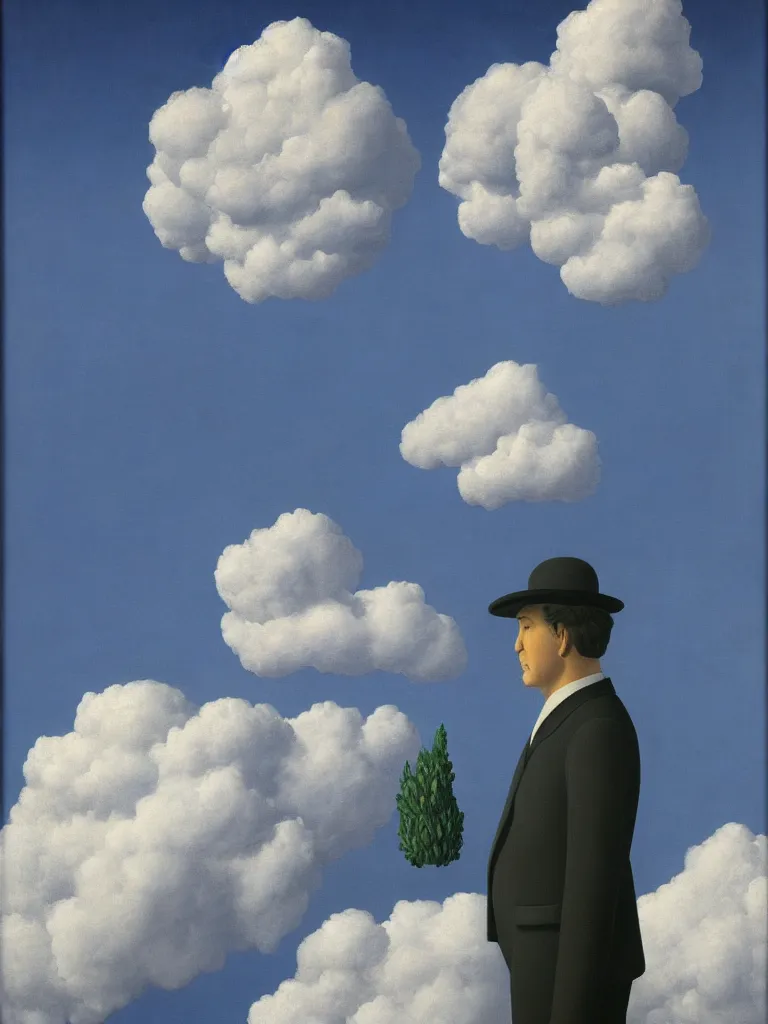 Image similar to portrait of cloud man by rene magritte, detailed painting, hd, hq, high resolution, high detail, 4 k, 8 k