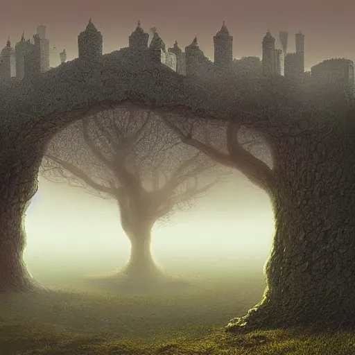 Image similar to A haunting castle stands over a misty orchard during sunrise. A matte painting in the style of Wayne Barlowe, by Zdzisław Beksiński.