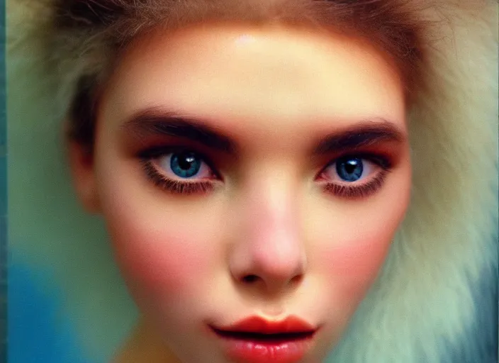 Image similar to realistic photo of a face of very beautiful girl face, symmetrical, skin is made of white fluffy hairs, eyes made of caviar, close up 1 9 9 0, life magazine reportage photo, natural colors