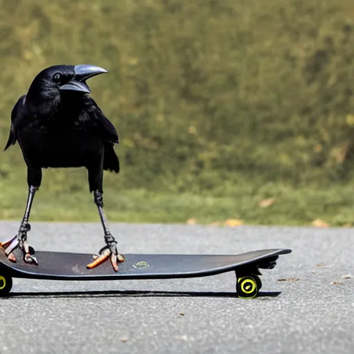 Prompt: a photo of a crow riding a skateboard