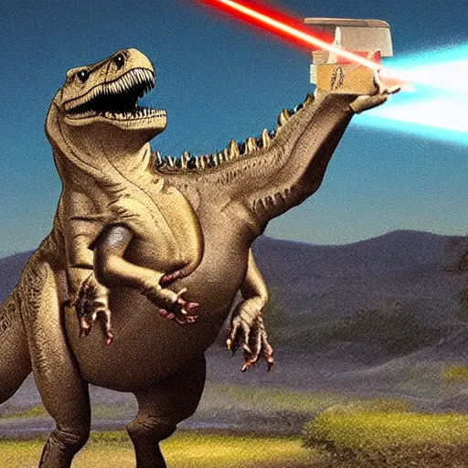 Prompt: a t-rex riding jesus shooting lasers out of its eyes