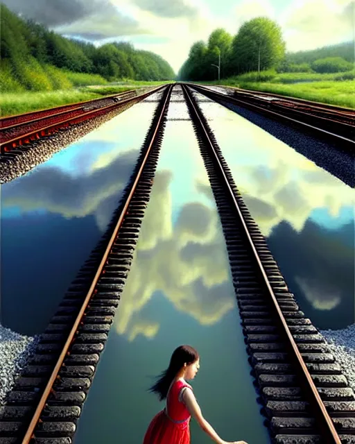 Prompt: shallow reflective water completely covers submerged train tracks that are barely visible as a girl carries her shoes, there is a train station in the distance and large white clouds on a wide horizon, intricate, elegant, highly detailed, digital photo, artstation, concept art, smooth, sharp focus, art by artgerm and greg rutkowski and fra angelico