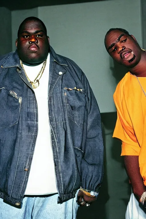 Image similar to photo realistic picture of the rapper notorious big and 2 pac