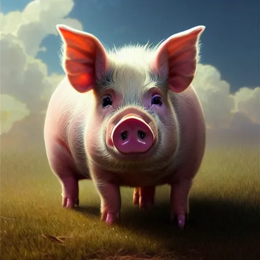 Image similar to cute pig in the sky, cute and cuddly, highly detailed, photorealistic, octane render, 8 k, unreal engine. art by artgerm and greg rutkowski and alphonse mucha, beautiful